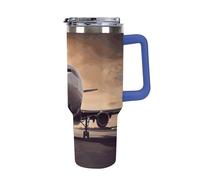 DWTJKMS Gobelet en acier inoxydable pour avion - Anti-fuite - Grande capacité - Avec poignée et paille - Double paroi isotherme sous vide - Réutilisable - Garde au froid ou au chaud - Style bleu foncé