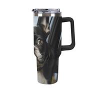 DWTJKMS Gobelet en acier inoxydable pour chiot terrier Boston Terrier, 1200 ml, étanche, grande capacité avec poignée et paille, gobelet isotherme à double paroi sous vide, réutilisable, garde froid
