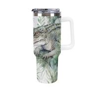 DWTJKMS Gobelet en acier inoxydable vert crocodile de 1200 ml, étanche, grande capacité pour voiture avec poignée et paille, gobelet isotherme à double paroi, réutilisable, garde froid ou chaud, blanc