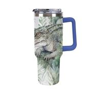 DWTJKMS Gobelet en acier inoxydable vert crocodile de 1200 ml, étanche, grande capacité pour voiture avec poignée et paille, gobelet isotherme à double paroi, réutilisable, garde froid ou chaud, bleu