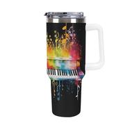 DWTJKMS Gobelet isotherme en acier inoxydable avec poignée et paille - Gobelet isotherme à double paroi réutilisable pour garder le froid ou le chaud - Motif clavier de piano coloré - 1200 ml - Blanc