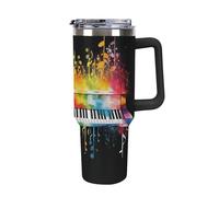 DWTJKMS Gobelet isotherme en acier inoxydable avec poignée et paille - Gobelet isotherme à double paroi réutilisable pour garder le froid ou le chaud - Motif clavier de piano coloré - 1200 ml - Noir