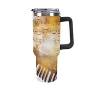 DWTJKMS Gobelet isotherme en acier inoxydable avec poignée et paille - Réutilisable - Garde au froid ou au chaud - Motif notes de musique - 1200 ml - Noir