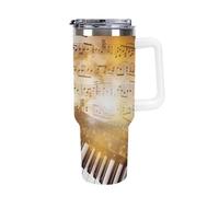 DWTJKMS Gobelet isotherme en acier inoxydable avec poignée et paille - Réutilisable - Garde les boissons froides ou chaudes - Motif notes de musique - 1200 ml - Blanc