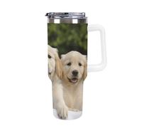 DWTJKMS Golden Retriever Puppies Gobelet en acier inoxydable étanche de grande capacité avec poignée et paille - Tasse isotherme à double paroi sous vide - Réutilisable - Garde le froid ou le chaud