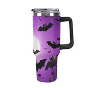 DWTJKMS Halloween Flying Purple Bats Gobelet en acier inoxydable étanche de grande capacité avec poignée et paille - Tasse isotherme à double paroi sous vide - Réutilisable - Garde au froid ou au
