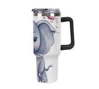 DWTJKMS Joli gobelet en acier inoxydable avec poignée et paille, gobelet isotherme à double paroi, réutilisable, garde froid ou chaud, motif éléphant mignon, 1 200 ml, noir