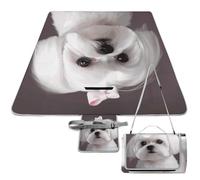 DWTJKMS Joli tapis de pique-nique pour chien maltais, tapis de sable pliable et imperméable avec sac fourre-tout, grand tapis de pique-nique en plein air 147,3 x 147,3 cm, couverture de camping pour