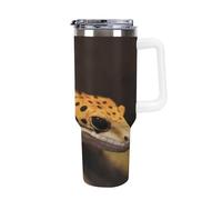DWTJKMS Leopard Little Gecko Gobelet en acier inoxydable étanche de grande capacité avec poignée et paille - Gobelet isotherme à double paroi réutilisable pour garder le froid ou le chaud - Blanc