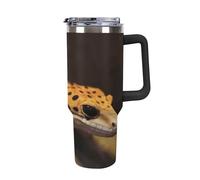 DWTJKMS Leopard Little Gecko Gobelet en acier inoxydable étanche de grande capacité avec poignée et paille - Gobelet isotherme à double paroi réutilisable pour garder le froid ou le chaud - Style noir