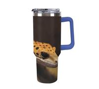 DWTJKMS Leopard Little Gecko Gobelet en acier inoxydable étanche de grande capacité avec poignée et paille - Gobelet isotherme à double paroi réutilisable pour garder au froid ou au chaud - Bleu foncé