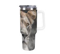 DWTJKMS Lioness Gobelet en acier inoxydable de 1200 ml - Anti-fuite - Grande capacité - Tasse de voiture avec poignée et paille - Gobelet isotherme à double paroi sous vide - Réutilisable - Garde les