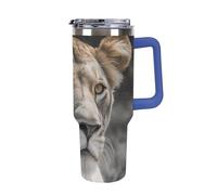 DWTJKMS Lioness - Gobelet en acier inoxydable étanche de grande capacité avec poignée et paille - Tasse isotherme à double paroi sous vide - Réutilisable - Garde au froid ou au chaud - Style bleu