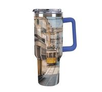 DWTJKMS Lisbon Tram Gobelet en acier inoxydable étanche de grande capacité avec poignée et paille - Tasse isotherme à double paroi sous vide - Réutilisable - Garde au froid ou au chaud - Bleu foncé