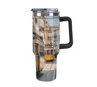 DWTJKMS Lisbon Tram Gobelet en acier inoxydable étanche de grande capacité avec poignée et paille - Tasse isotherme à double paroi sous vide - Réutilisable - Garde au froid ou au chaud - Style noir