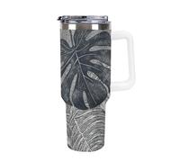 DWTJKMS Monstera Leaves Gobelet en acier inoxydable étanche de grande capacité avec poignée et paille - Tasse isotherme à double paroi sous vide réutilisable pour garder le froid ou le chaud - Style