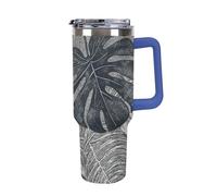 DWTJKMS Monstera Leaves Gobelet en acier inoxydable étanche de grande capacité avec poignée et paille - Tasse isotherme à double paroi sous vide réutilisable pour garder au froid ou au chaud - Bleu