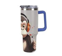 DWTJKMS Music Monkey Gobelet en acier inoxydable étanche de grande capacité avec poignée et paille - Tasse isotherme à double paroi sous vide - Réutilisable - Garde au froid ou au chaud - Bleu foncé