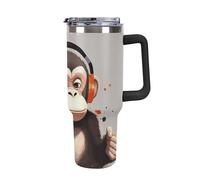 DWTJKMS Music Monkey Gobelet en acier inoxydable étanche de grande capacité avec poignée et paille - Tasse isotherme à double paroi sous vide - Réutilisable - Garde le froid ou le chaud - Style noir