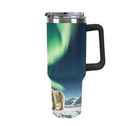 DWTJKMS Northern Lights - Gobelet en acier inoxydable avec poignée et paille - Gobelet isotherme à double paroi sous vide réutilisable pour garder le froid ou le chaud - Motif ours polaire - Noir