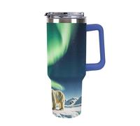 DWTJKMS Northern Lights - Gobelet en acier inoxydable avec poignée et paille - Gobelet isotherme à double paroi réutilisable pour garder au froid ou au chaud - Motif ours polaire - Grande capacité