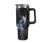 DWTJKMS Panther aux yeux bleus - Gobelet en acier inoxydable de 1200 ml - Anti-fuite - Grande capacité - Tasse de voiture avec poignée et paille - Gobelet isotherme à double paroi sous vide