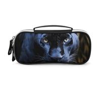 DWTJKMS Panther Trousse de maquillage en cuir avec yeux bleus, petite trousse de toilette étanche, pinceaux, crayons et accessoires de maquillage de voyage