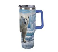 DWTJKMS Polar Bear Ice Gobelet en acier inoxydable étanche de grande capacité avec poignée et paille - Tasse isotherme à double paroi sous vide - Réutilisable - Garde au froid ou au chaud - Bleu foncé