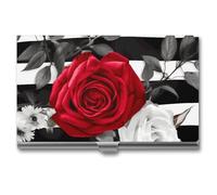 DWTJKMS Porte-cartes de visite en alliage d'aluminium avec rayures noires et blanches et roses rouges - Pour homme et femme - Cadeau unique, Argenté.
