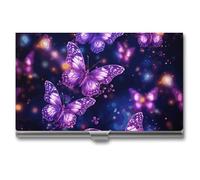 DWTJKMS Porte-cartes de visite violet en alliage d'aluminium avec imprimé papillon mignon pour homme et femme, étui professionnel pour cartes de crédit, carte d'identité, cadeau unique, Argenté.