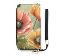 DWTJKMS Portefeuille long en cuir PU fin avec emplacements pour cartes, motif coquelicots pastel, 20 x 10,5 cm, blanc, 20x10.5cm