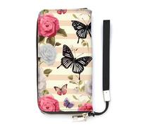 DWTJKMS Portefeuille long fin en cuir PU à rayures avec fleurs et papillons pour hommes et femmes, portefeuille minimaliste avec fentes pour cartes, blanc, 20 x 10,5 cm, blanc, 20x10.5cm