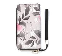 DWTJKMS Portefeuille long fin en cuir PU fin avec emplacements pour cartes, motif fleurs roses et feuilles sur gris, 20 x 10,5 cm, blanc, 20x10.5cm