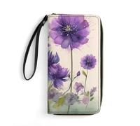 DWTJKMS Portefeuille long fin en cuir synthétique avec emplacements pour cartes, style aquarelle, fleurs violettes, 19,7 x 10,5 cm, blanc, 19.7x10.5cm
