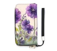 DWTJKMS Portefeuille long fin en cuir synthétique avec emplacements pour cartes, style aquarelle, fleurs violettes, pour hommes et femmes, 20 x 10,5 cm, blanc, 20x10.5cm