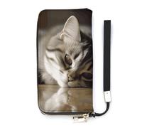 DWTJKMS Portefeuille long fin en cuir synthétique avec motif chat endormi pour homme et femme, portefeuille minimaliste avec fentes pour cartes, blanc, 20 x 10,5 cm, blanc, 20x10.5cm