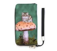 DWTJKMS Portefeuille long fin en cuir synthétique avec motif chat sur champignon pour homme et femme, portefeuille minimaliste avec fentes pour cartes, blanc, 20 x 10,5 cm, blanc, 20x10.5cm