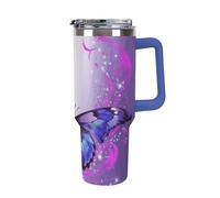 DWTJKMS Purple Butterfly Gobelet en acier inoxydable étanche de grande capacité avec poignée et paille - Gobelet isotherme à double paroi sous vide - Réutilisable - Garde au froid ou au chaud - Bleu