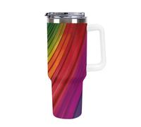 DWTJKMS Rainbow Color Stripe Gobelet en acier inoxydable étanche de grande capacité avec poignée et paille - Gobelet isotherme à double paroi réutilisable pour garder les boissons froides ou chaudes