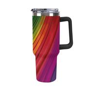 DWTJKMS Rainbow Color Stripe Gobelet en acier inoxydable étanche de grande capacité avec poignée et paille - Gobelet isotherme à double paroi réutilisable pour garder les boissons froides ou chaudes