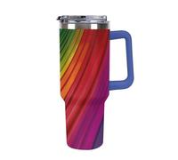 DWTJKMS Rainbow Color Stripe Gobelet en acier inoxydable étanche de grande capacité avec poignée et paille - Tasse isotherme à double paroi réutilisable pour garder au froid ou au chaud - Bleu foncé