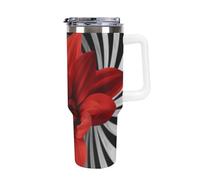 DWTJKMS Red Flower Gobelet en acier inoxydable étanche de grande capacité avec poignée et paille - Gobelet isotherme à double paroi sous vide - Réutilisable - Garde les boissons froides ou chaudes