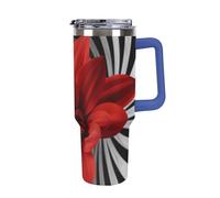 DWTJKMS Red Flower Gobelet en acier inoxydable étanche de grande capacité avec poignée et paille - Tasse isotherme à double paroi sous vide - Réutilisable - Garde au froid ou au chaud - Bleu foncé