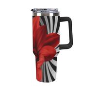 DWTJKMS Red Flower Gobelet en acier inoxydable étanche de grande capacité avec poignée et paille - Tasse isotherme à double paroi sous vide - Réutilisable - Garde les boissons froides ou chaudes