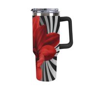 DWTJKMS Red Flower Gobelet en acier inoxydable étanche de grande capacité avec poignée et paille - Tasse isotherme à double paroi sous vide - Réutilisable - Garde les boissons froides ou chaudes
