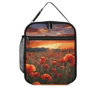 DWTJKMS Sac à déjeuner isotherme pour homme et femme - Motif champ de fleurs de coquelicots rouges au coucher du soleil - Avec poignée - Réutilisable - Pour bureau, travail, pique-nique