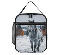 DWTJKMS Sac à déjeuner isotherme pour homme et femme, motif cheval gris dans un paysage d'hiver enneigé, étanche, avec poignée, réutilisable, pour bureau, travail, pique-nique