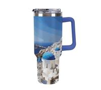 DWTJKMS Santorini - Gobelet isotherme à double paroi en acier inoxydable avec poignée et paille - Gobelet réutilisable pour garder au froid ou au chaud - Motif île grecque - Bleu foncé - 1200 ml