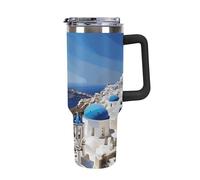 DWTJKMS Santorini - Gobelet isotherme en acier inoxydable avec poignée et paille - Gobelet réutilisable pour garder les boissons froides ou chaudes - Motif île grecque - 1200 ml - Noir