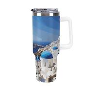DWTJKMS Santorini - Gobelet isotherme en acier inoxydable avec poignée et paille - Gobelet réutilisable pour garder les boissons froides ou chaudes - Motif île grecque - 1200 ml - Blanc